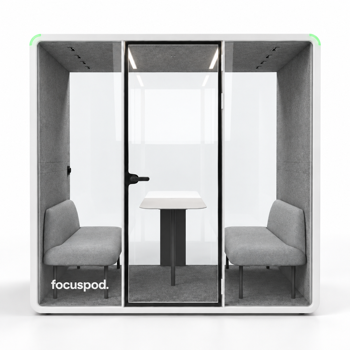 FocusPod Meet front studio view with optional four-person sofa furniture package and low left glass logo.